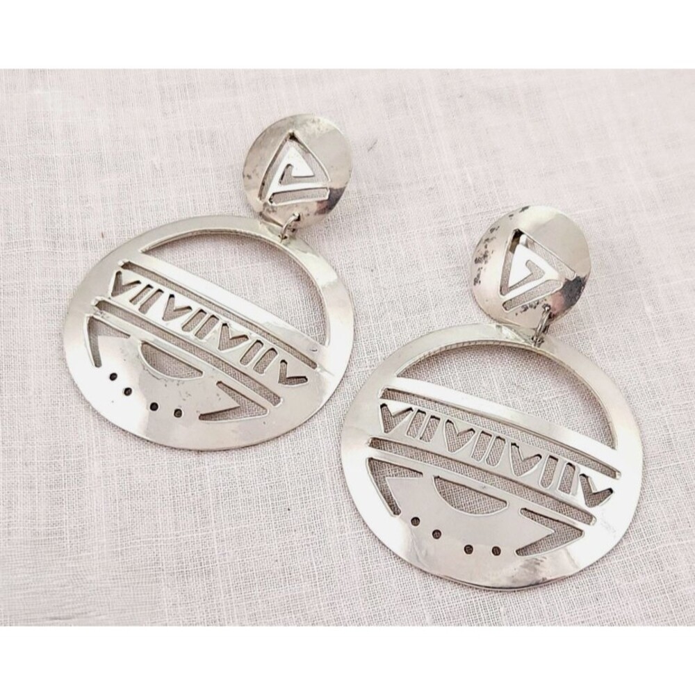 Vintage Mexico Handmade Large Disc Sterling Silver 925 Earrings Modernist Drop